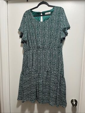 Nanador Green and White Printed Tiered Midi Dress